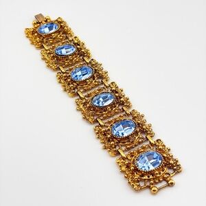 Mid-century Victorian Revival Blue Art Glass Gold Tone Bracelet “ Huge”